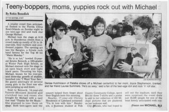 Teeny-boppers, moms, yuppies rock out with Michael by Robin Benedick of The Orlando Sentinel published on October 24, 1988.